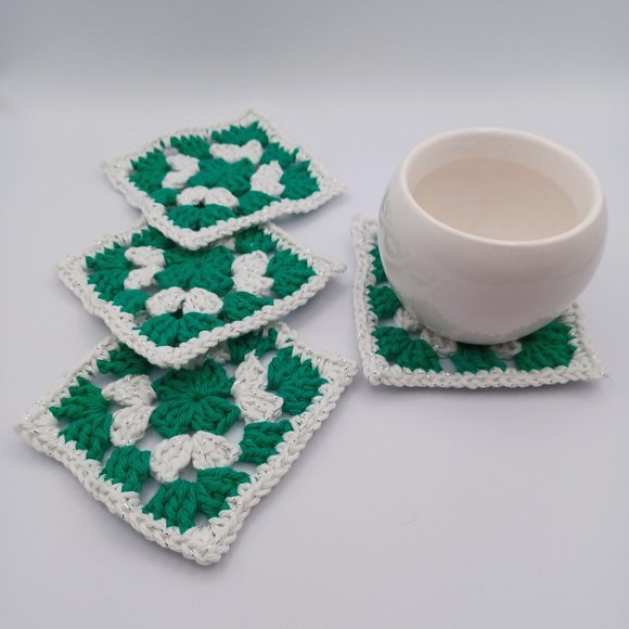 Handcrafted Cotton Coasters - Set of 4 - Christmas Green, White, and Silver - Picture 4 of 6